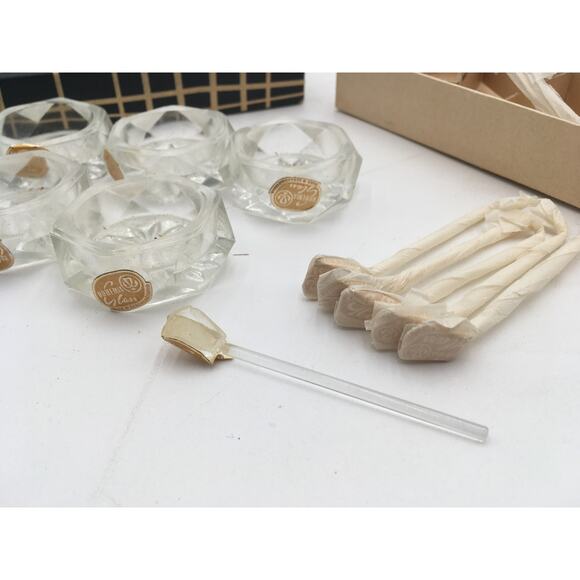 NIB Deadstock Vintage Bohemian Crystal Cut Salt Cellars and Spoons Set of 6 - Picture 3 of 7